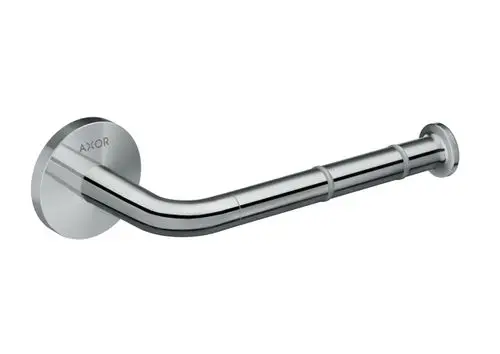 Toilettenpapierhalter aus Chrom mit gebogener Form, montiert an einer runden Wandplatte. Produkt von der Marke AXOR.